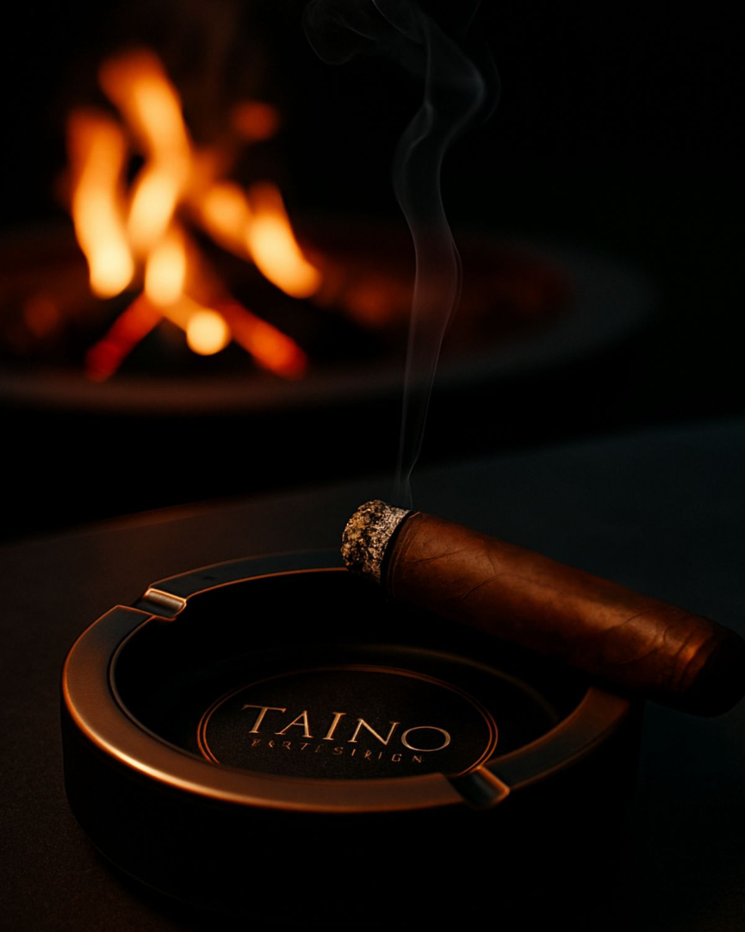 Cigar on a Taino ashtray with a fire in the background