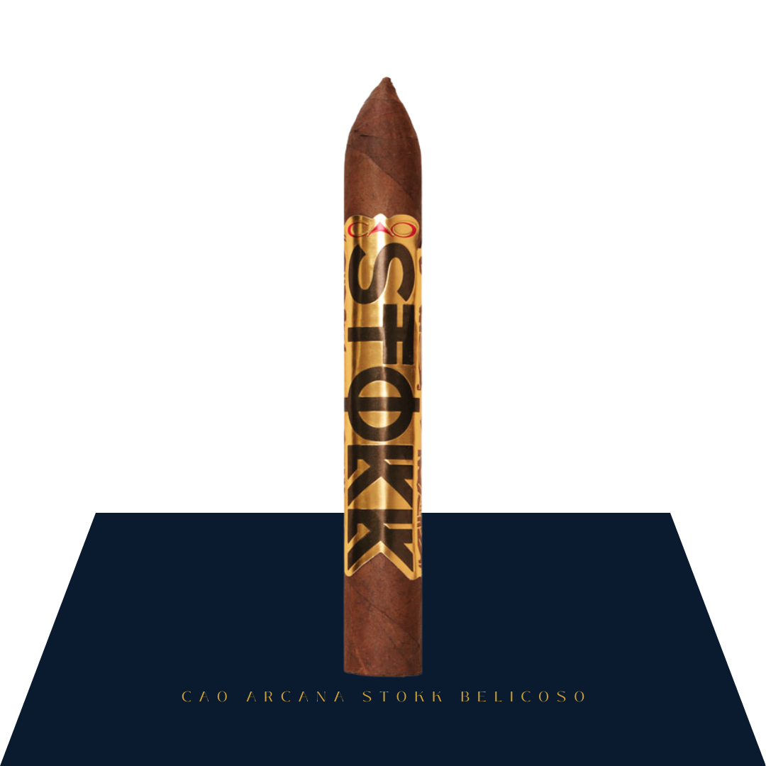 CAO Arcana Stokk Belicoso (6.5 x 52) premium cigar with gold band featuring “Stokk” in black lettering.