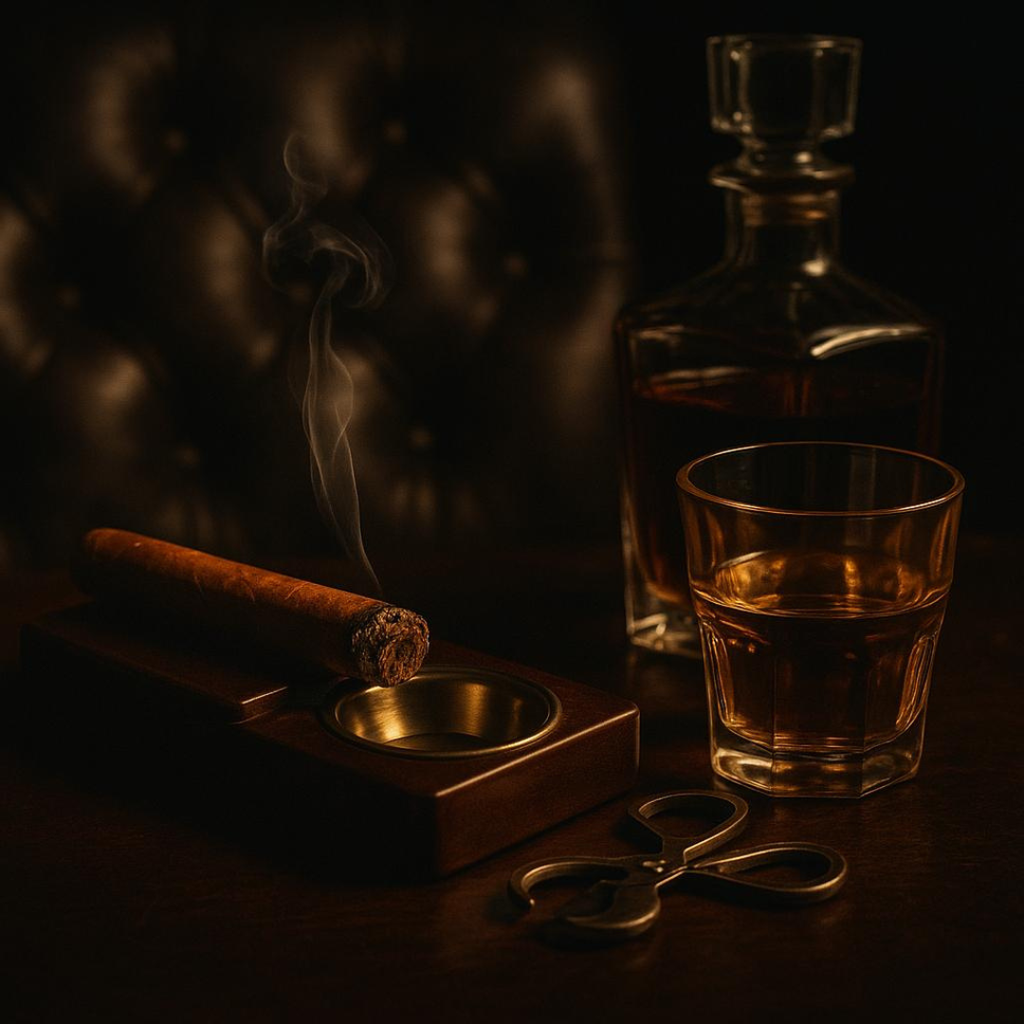Cigar, ashtray, decanter, and glass on a dark surface with smoke.