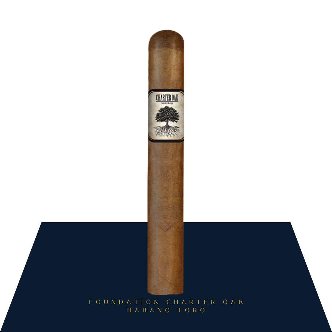 Foundation Charter Oak Habano Toro 6 x 52 premium cigar with oak tree on label