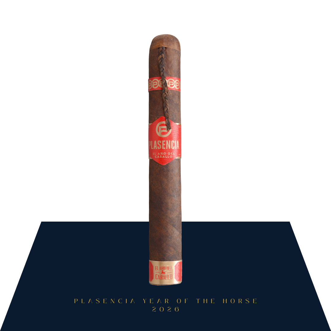 Plasencia Year of the Horse 2026 premium cigar, 7x58, dark brown wrapper, band with horse tail design.