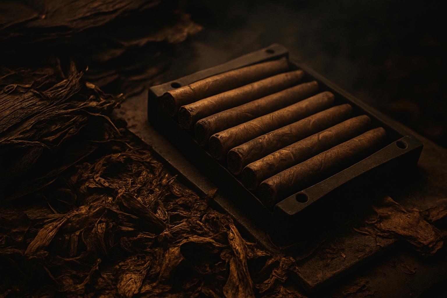 Premium Cigars in a wooden mold on a dark background