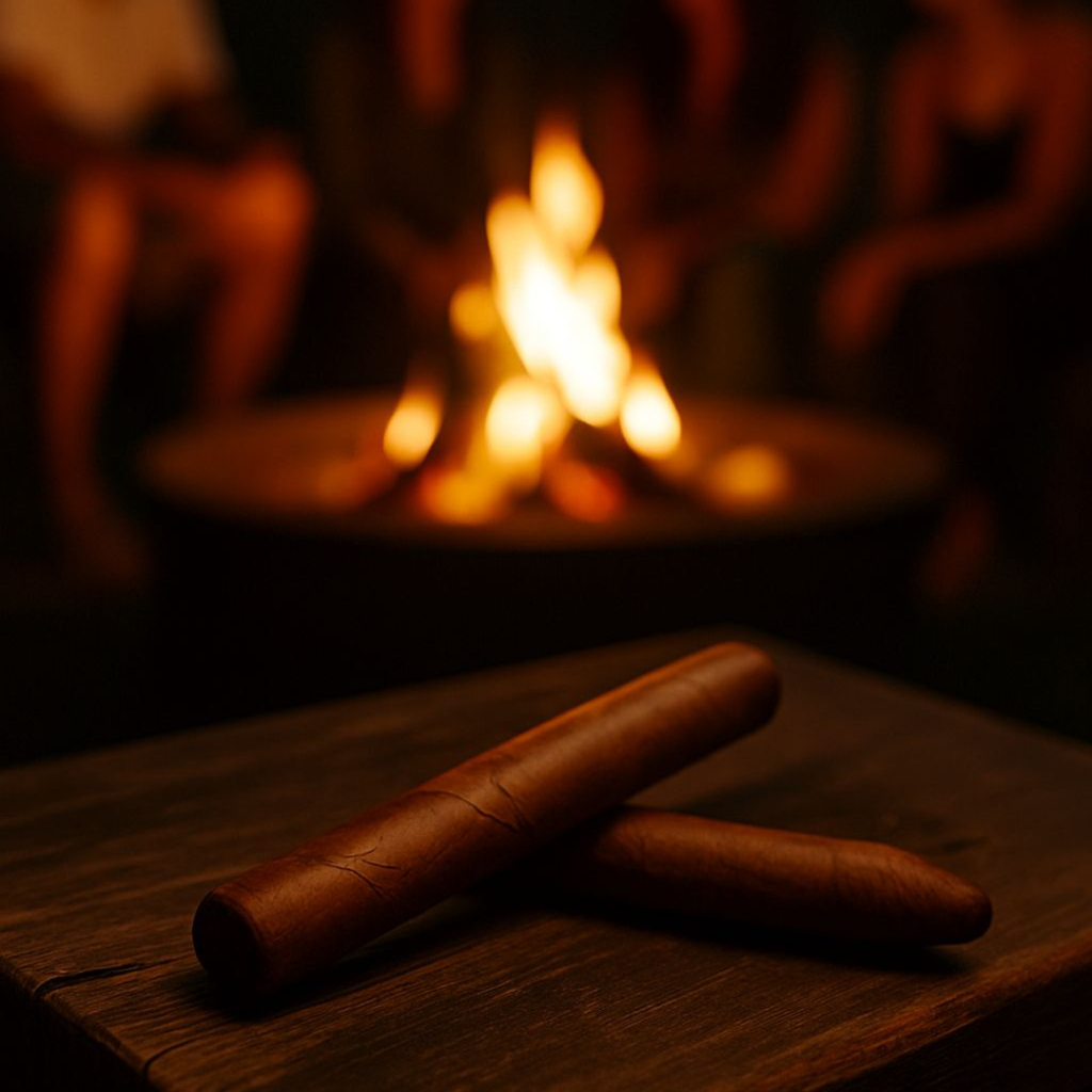Two cigars on a wooden surface with a warm, blurred fire in the background